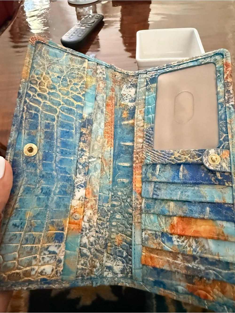Brahmin Orange and Blue Croc-Embossed Leather Clutch